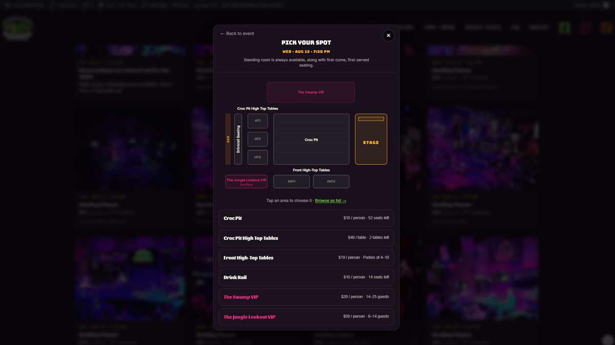 Zone selection at checkout: per-table, per-person, and per-seat pricing on one screen